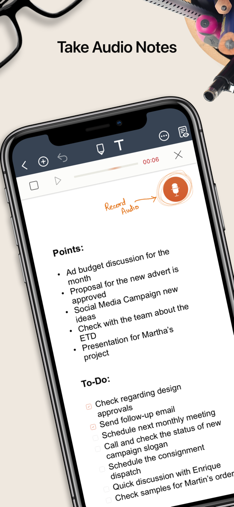 A smartphone displaying the Noteshelf 2 app interface with a focus on the audio recording feature alongside written notes and a to-do list.
