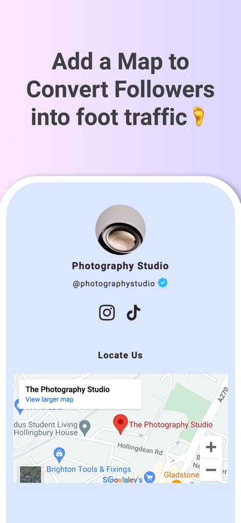 Lnk.Bio - Link in bio - Lnk.Bio profile page for a photography studio featuring an integrated map to drive foot traffic