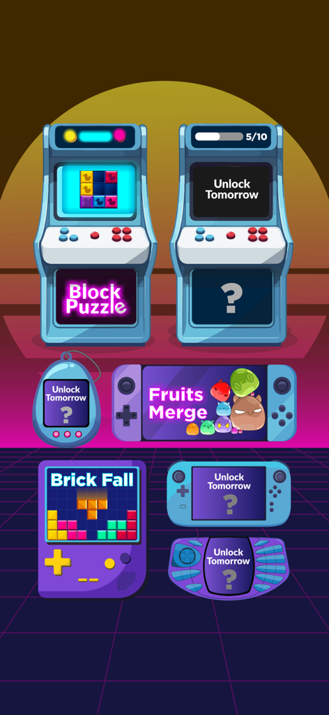 Block puzzle pro Gem for watch - Menu de seleção de jogos apresentando máquinas de arcade retrô e consoles portáteis com vários títulos de quebra-cabeças.