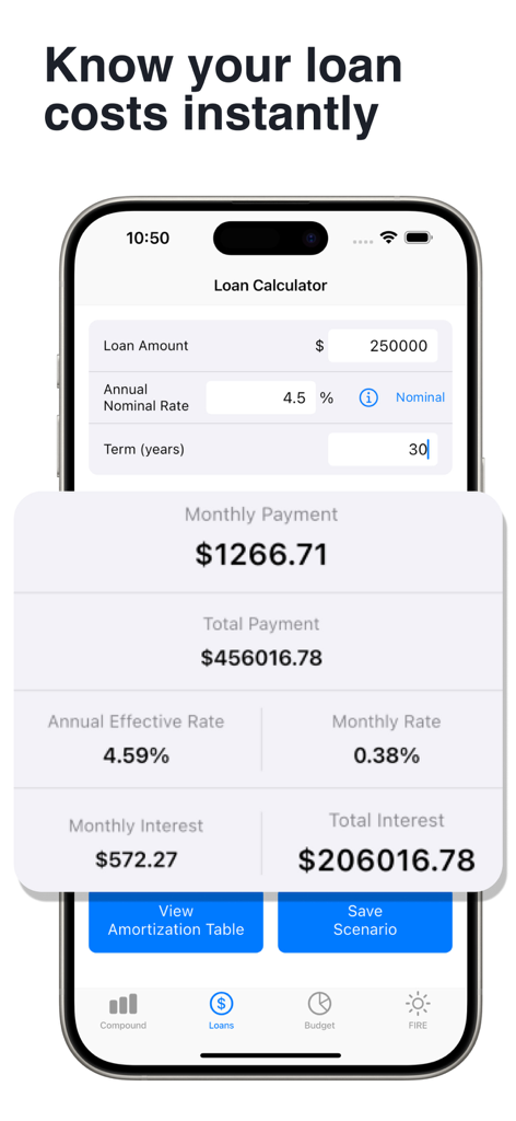 Financial Calculator: Compound - Una interfaz móvil para una calculadora de préstamos que muestra pagos mensuales e interés total para una hipoteca