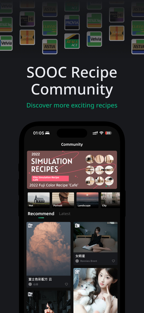 FujiStyle - Film Recipes Frame - FujiStyle app interface showing the SOOC recipe community where users share Fujifilm film simulation parameters.