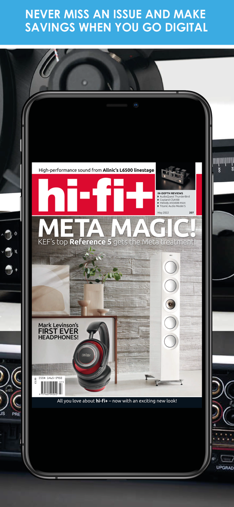 hi-fi+ Global Network - iPhone displaying the digital cover of hi-fi+ magazine featuring high-end speakers and headphones