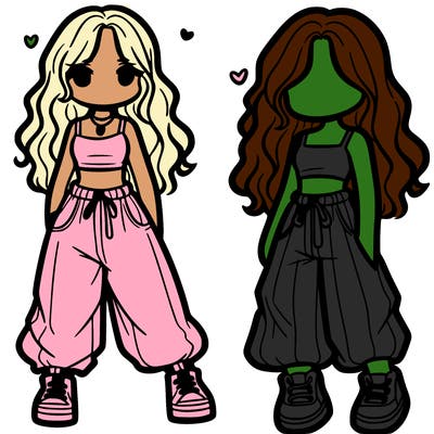 girl in baggy pants crop top and long hair