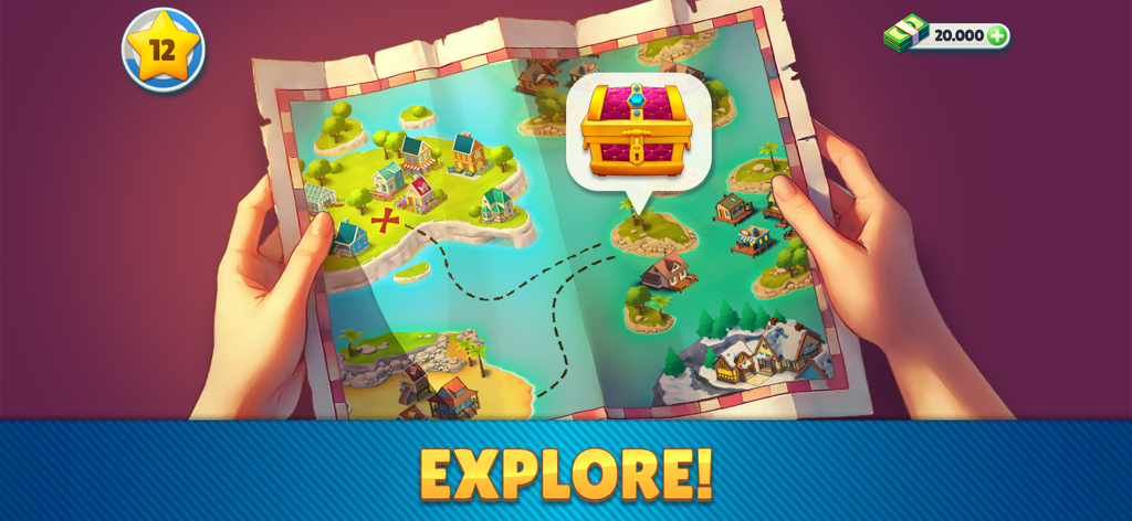 Cozy Town: City Building Game - A handheld treasure map showing multiple islands to explore in the Cozy Town city building game