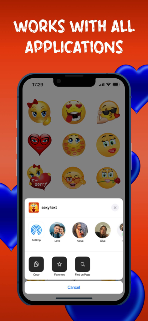 Pantalla de smartphone mostrando varios emojis coquetos para adultos y un menú para compartir con el texto Funciona Con Todas las Aplicaciones