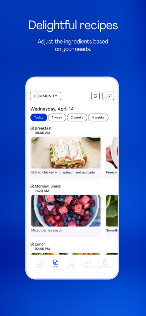 Avena Health app interface showing a daily meal plan with breakfast and snack recipes.