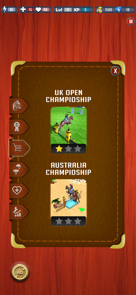 Wild Horse Riding: Horse Games - Selection screen for UK and Australia horse jumping championships
