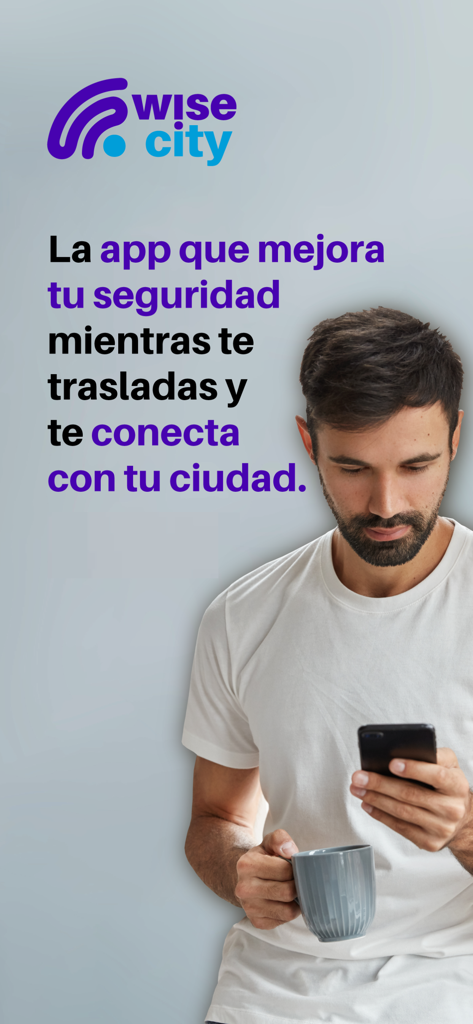 WiseCity - Ein Mann benutzt die WiseCity App auf seinem Smartphone mit einer Werbebotschaft über städtische Sicherheit und Konnektivität