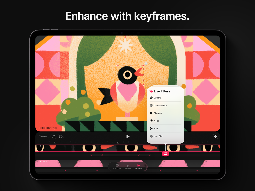 Interfaccia di Procreate Dreams su iPad che mostra un'animazione colorata di un uccello con il menu Filtri Live e la timeline dei keyframe aperti.