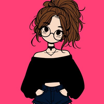 girl with a messy ponytail glasses a baggy crop top and jean shorts