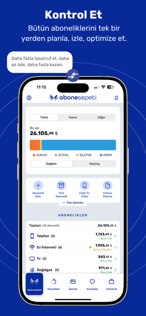 Abonesepeti Abonelik Yönetimi - Dashboard of Abonesepeti app showing monthly subscription expenses and categorized spending