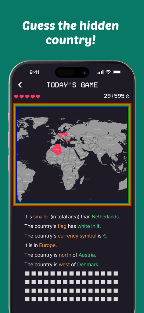 MapGame! - MapGame app screenshot showing a daily country guessing challenge with a world map and text hints.