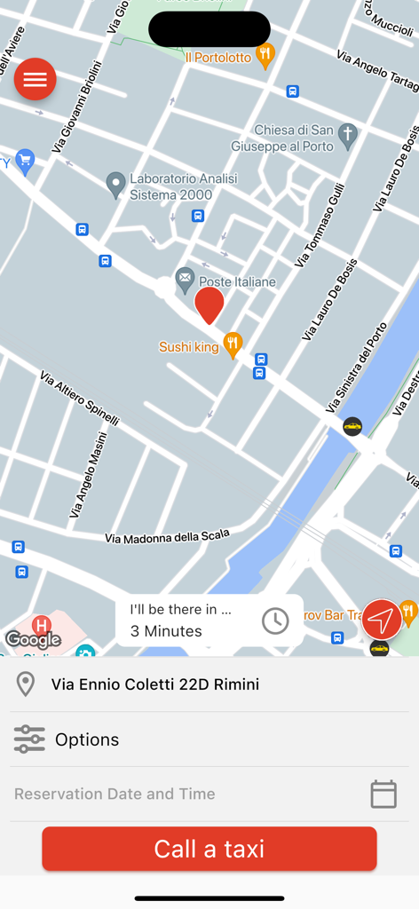 TAXI RIMINI - Taxi Rimini app interface showing the map and a call a taxi button