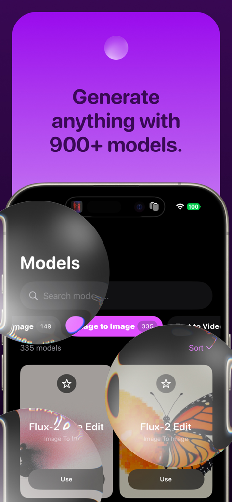 Oberfläche der Fortune AI Playground App, die eine Vielzahl verfügbarer KI-Modelle für die Bild- und Videoerzeugung anzeigt