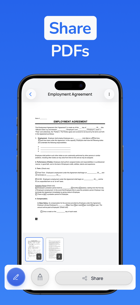 Signature Maker & PDF Signer - iPhone screen displaying an employment agreement document within the Signature Maker app with a share button highlighted.