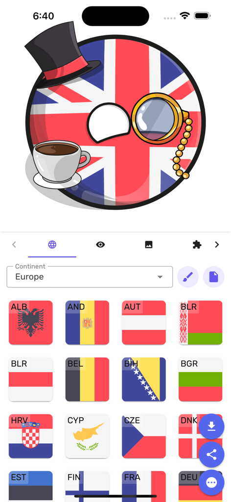 Interface do aplicativo Countryballs Stickers com um personagem countryball britânico e seleção de bandeiras europeias