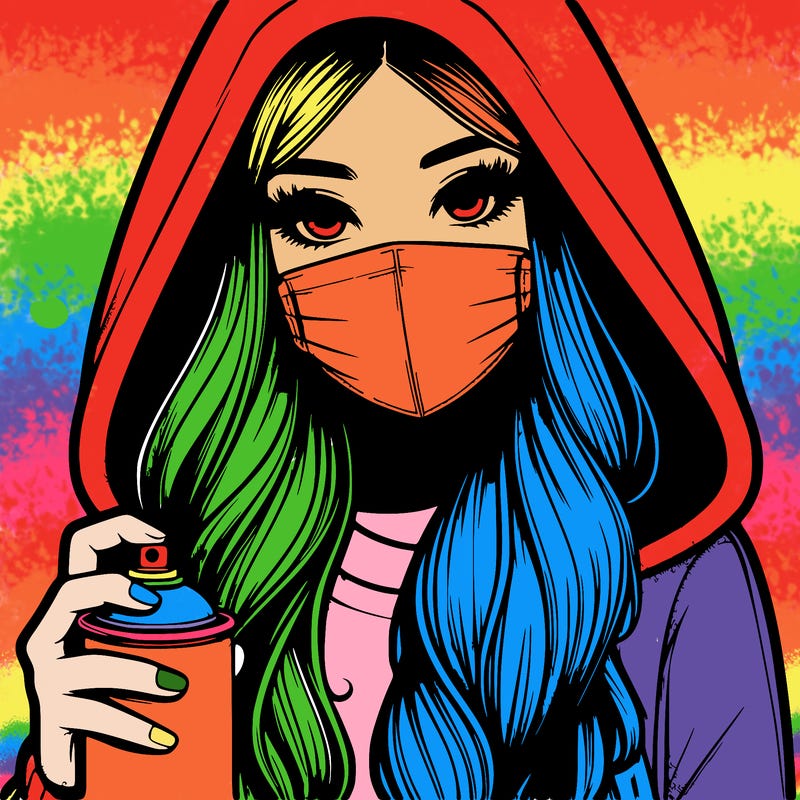 girl wearing a mask with long hair with her hood up spray-painting realistic