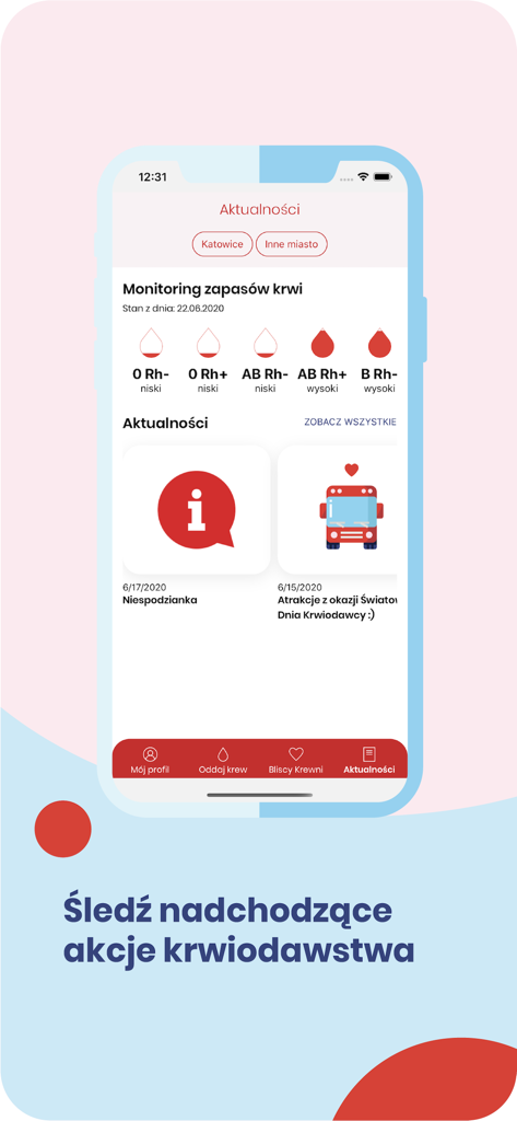 Bliscy Krewni - Dashboard of the Bliscy Krewni app showing real-time blood supply levels and news about donation events