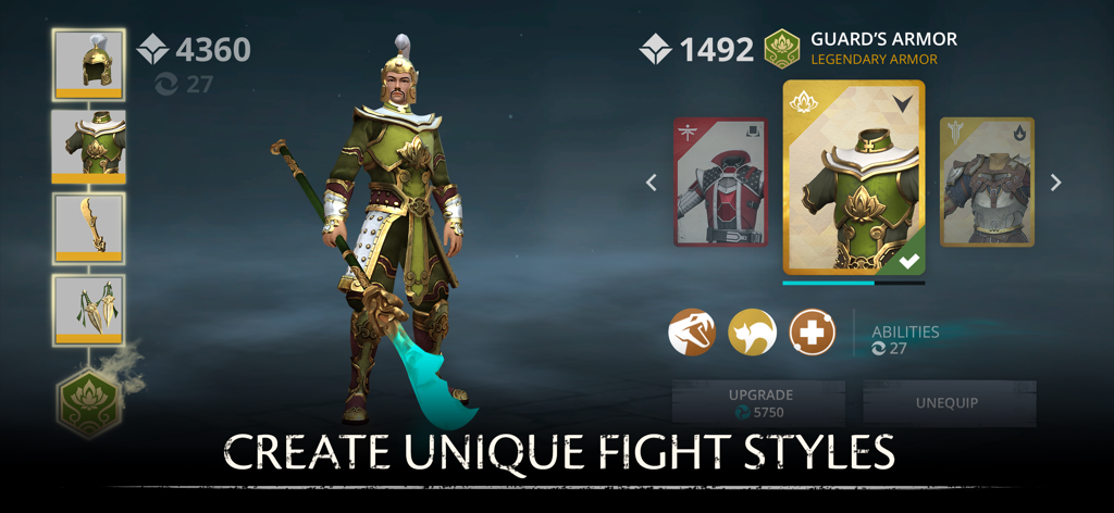 Shadow Fight 3 character customization screen showing legendary armor sets and weapon selection