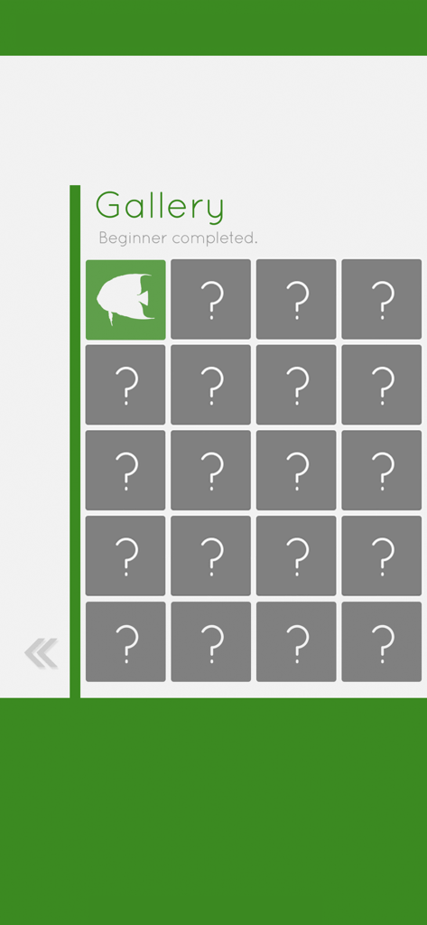 Indonesia Map Puzzle - Pantalla de galería que muestra un panel de peces coleccionado y varios paneles misteriosos bloqueados en la aplicación Puzzle del Mapa de Indonesia.