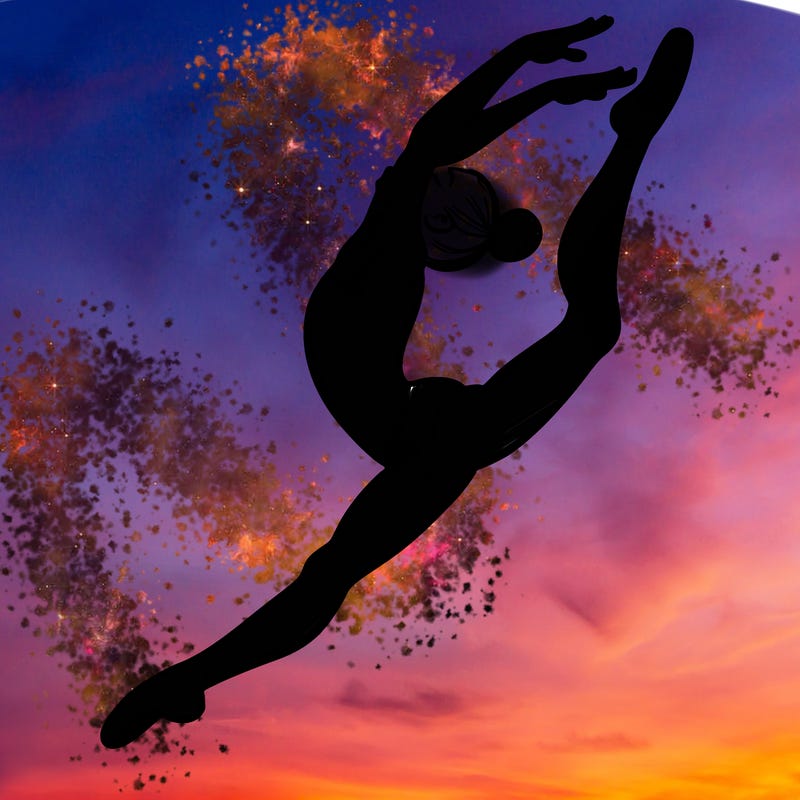 gymnast doing a leap in a leotard with a bent back leg