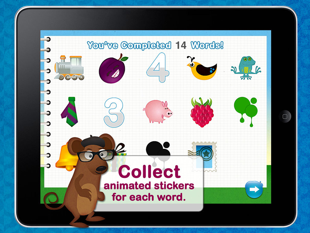 Word Wagon - Duck Duck Moose - Digital sticker book reward screen in the Word Wagon app for kids featuring Mozzarella the mouse.