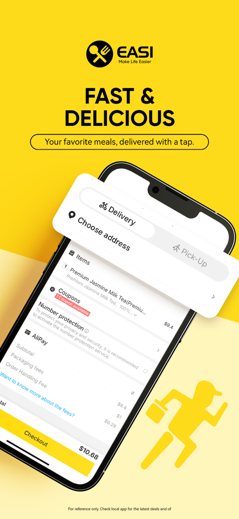 Schermata di checkout dell'app di consegna cibo asiatico EASI che mostra un riepilogo dell'ordine e le opzioni di pagamento su sfondo giallo.