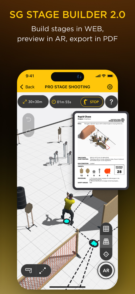 Drills: Shooting Training app - Drills app interface showing the SG Stage Builder 2.0 feature with a 3D shooting range layout and AR preview mode