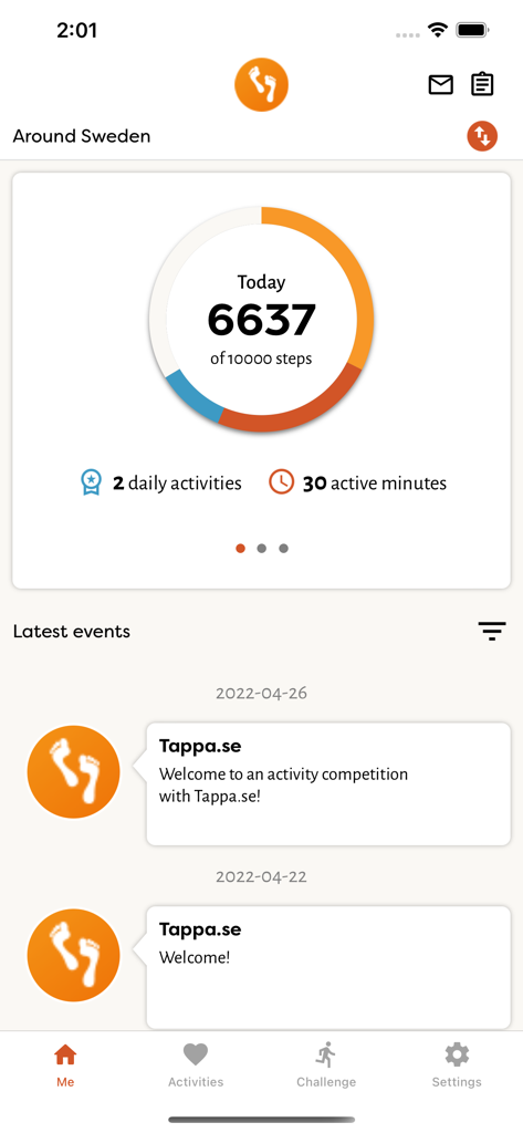Tappa Dytt Pro app dashboard displaying daily step count progress and activity events