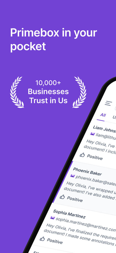 Salesforge - Salesforge mobile app interface showing the Primebox lead nurturing inbox with positive sentiment tracking