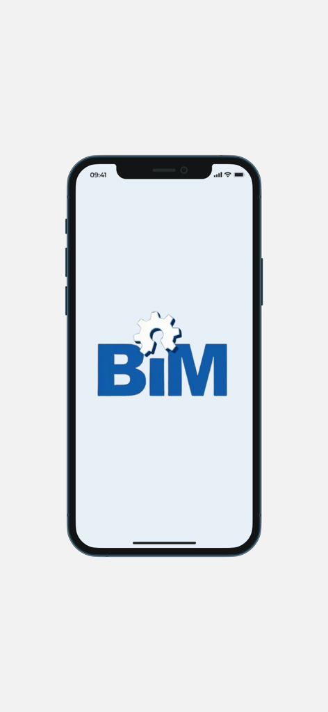 BIM-APP - BIM-APP splash screen displaying the blue BIM logo and a white gear icon on a smartphone display