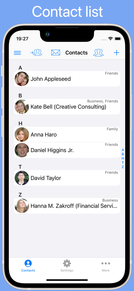 GroupsPro - Interfaz de la aplicación móvil GroupsPro que muestra una lista de contactos categorizados por grupos como Amigos y Negocios
