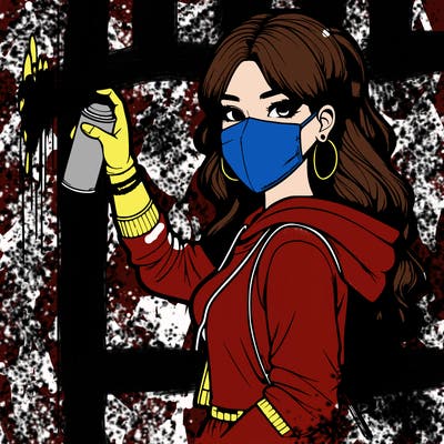 realistic girl with mask spray painting a wall