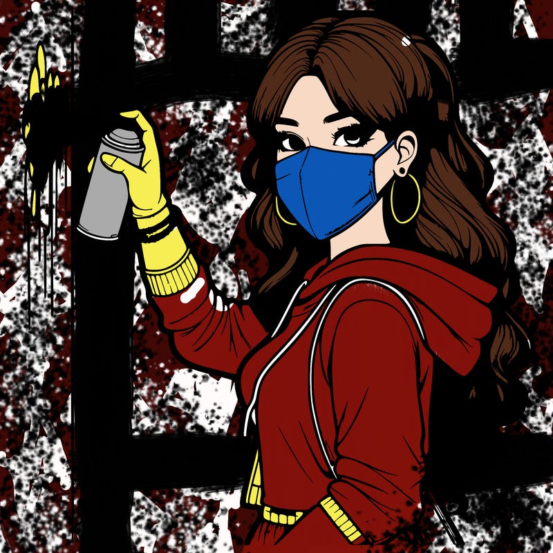 realistic girl with mask spray painting a wall