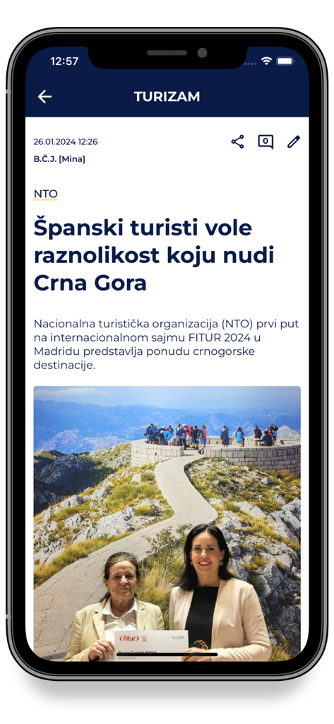 RTCG mobile App zeigt einen Tourismus-Nachrichtenartikel über Montenegro mit einem malerischen Berglandschaftsfoto.