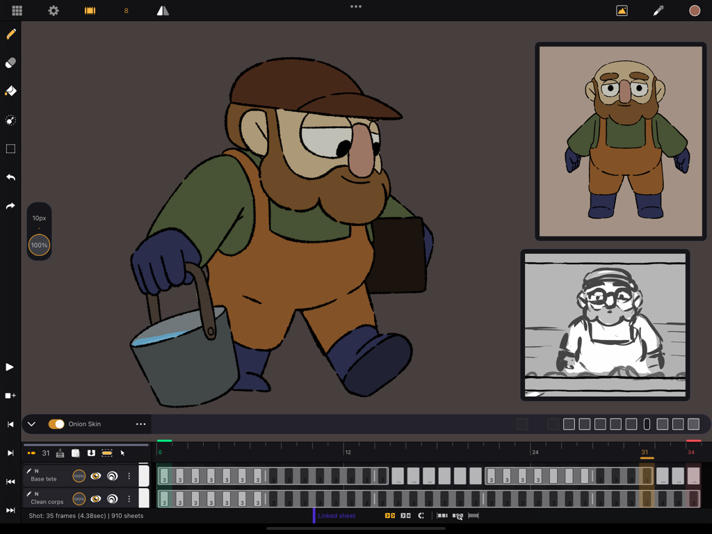 Callipeg: 2D Animation App - Callipeg app interface showing a 2D character animation and professional timeline on iPad