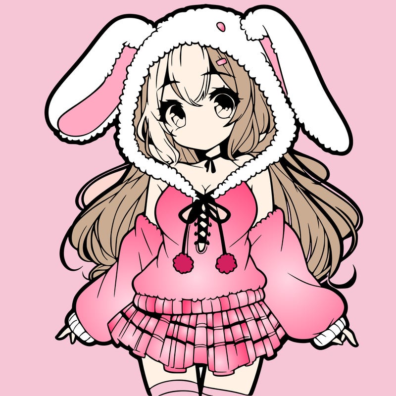 pretty anime girl wearing a fluffy hoodie with bunny ears on the hood and a skirt