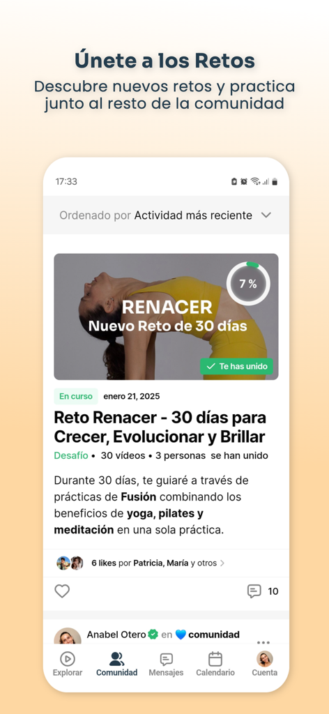 Plenamente app interface showing the 30-day Renacer challenge within the community section for yoga and pilates.