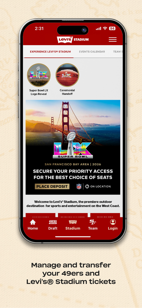 Smartphone exibindo o aplicativo San Francisco 49ers com informações de acesso prioritário ao Super Bowl LX e serviços do estádio.