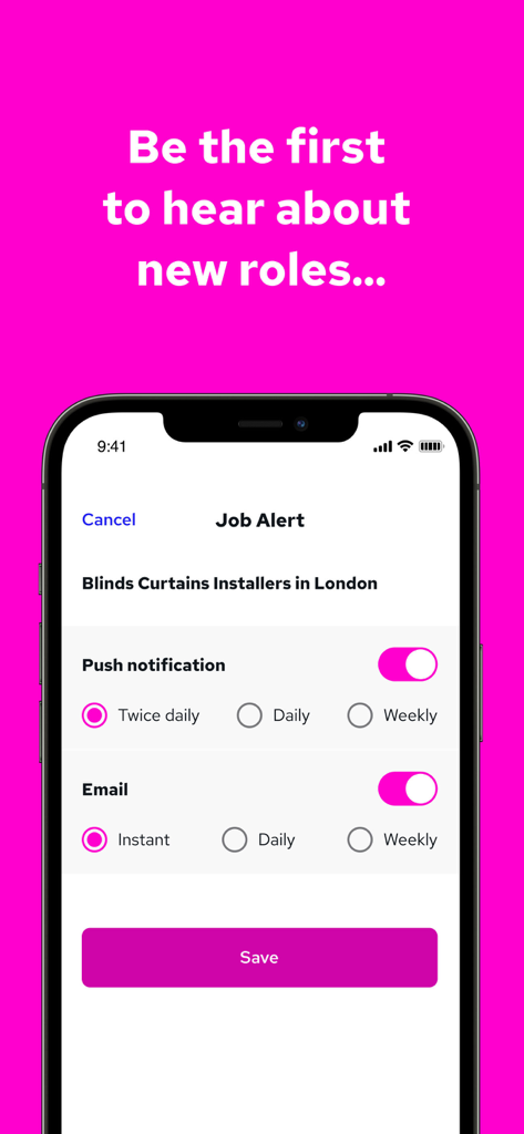Reed.co.uk Job Search - Interface of the Reed.co.uk app showing job alert settings for push notifications and email updates.
