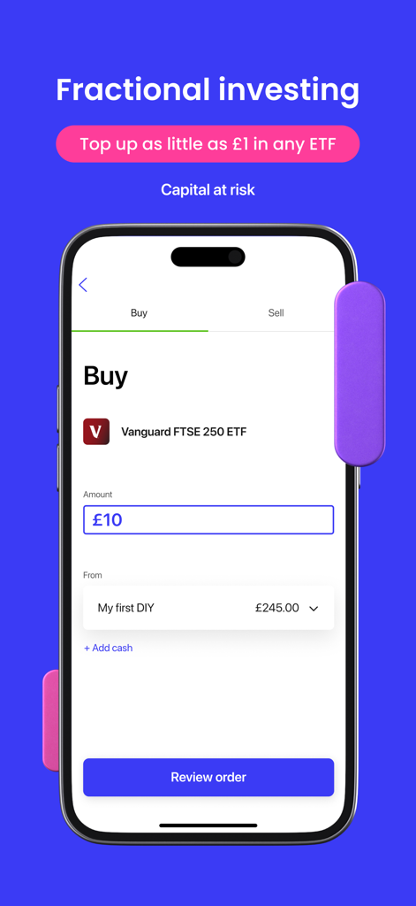 InvestEngine: ETF Investing - Interfaz de la aplicación InvestEngine que muestra a un usuario comprando diez libras de un ETF de Vanguard a través de inversión fraccionaria