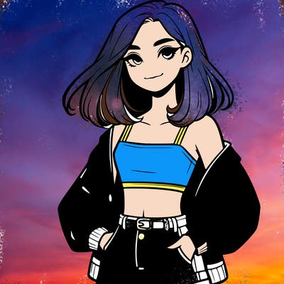 a realistic girl with a crop top and short shorts in an open jacket