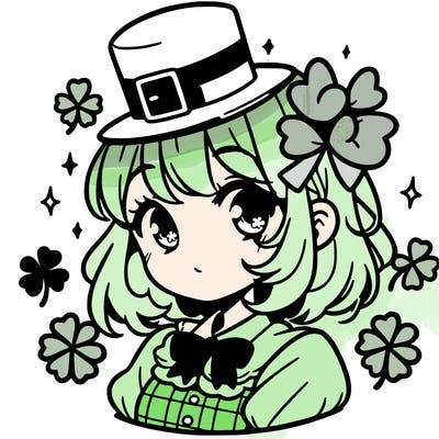 a manga-style girl with clovers around her, a little hat in her hair, like it's saint patrick's day