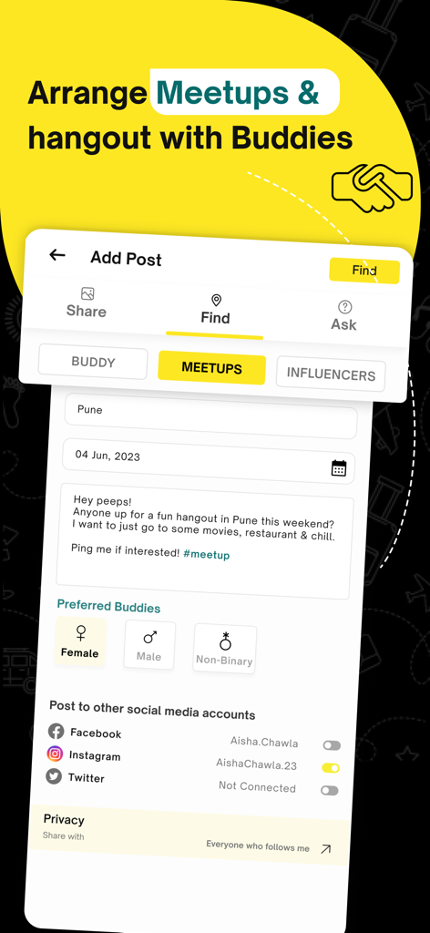 Interface for arranging travel meetups and finding hangout buddies with social sharing options