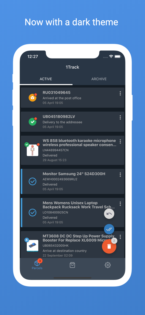 1Track Global Package Tracker - 1Track app interface displaying active package tracking in dark mode