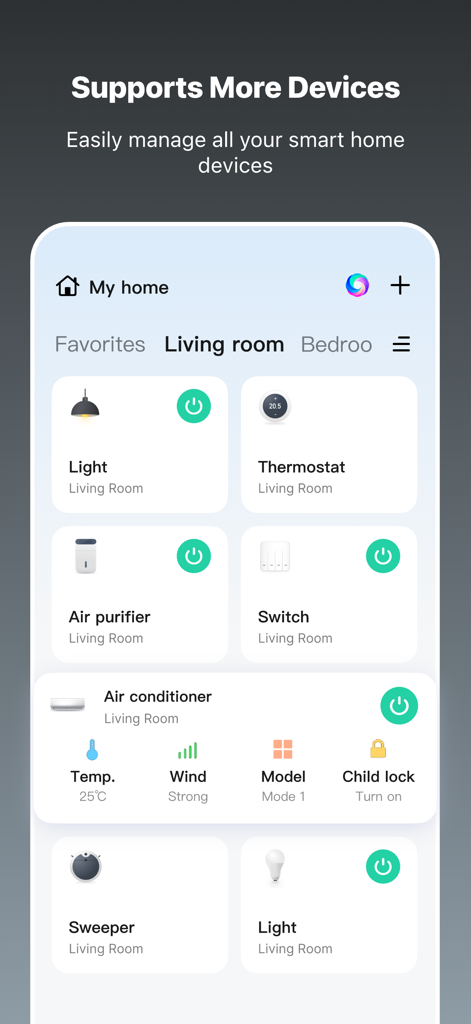 Dashboard of the Tuya Smart app showing controls for home appliances like air conditioning lights and thermostats