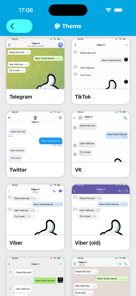Faker 2 - Fake Messages - Selection of realistic chat themes in the Faker 2 app including Telegram and TikTok