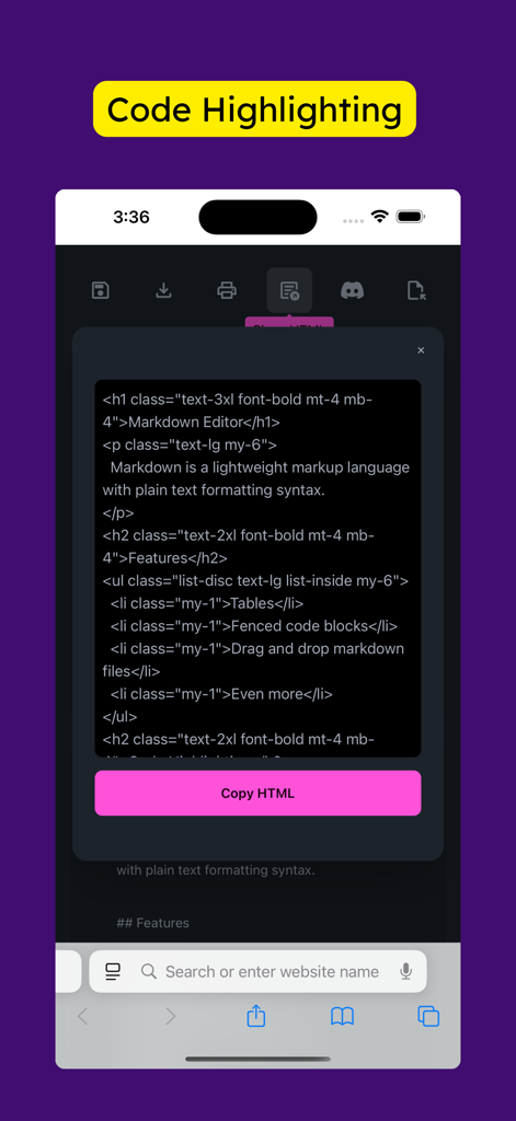 Markdown Editor for Safari - Markdown Editor for Safari interface showing syntax-highlighted HTML code and a copy button