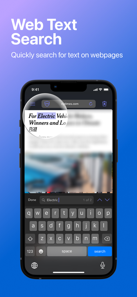 Schermo di iPhone che mostra la funzione di ricerca del testo web in Private Browser Deluxe con una parola evidenziata su un sito web di notizie