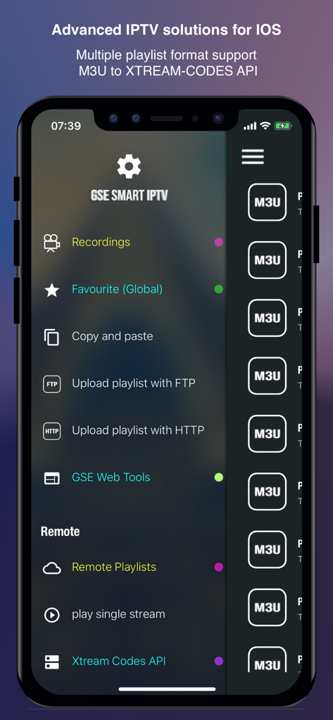 Interface de l'application GSE SMART IPTV PRO montrant les options de menu pour les enregistrements, les favoris et les téléchargements de listes de lecture sur iPhone
